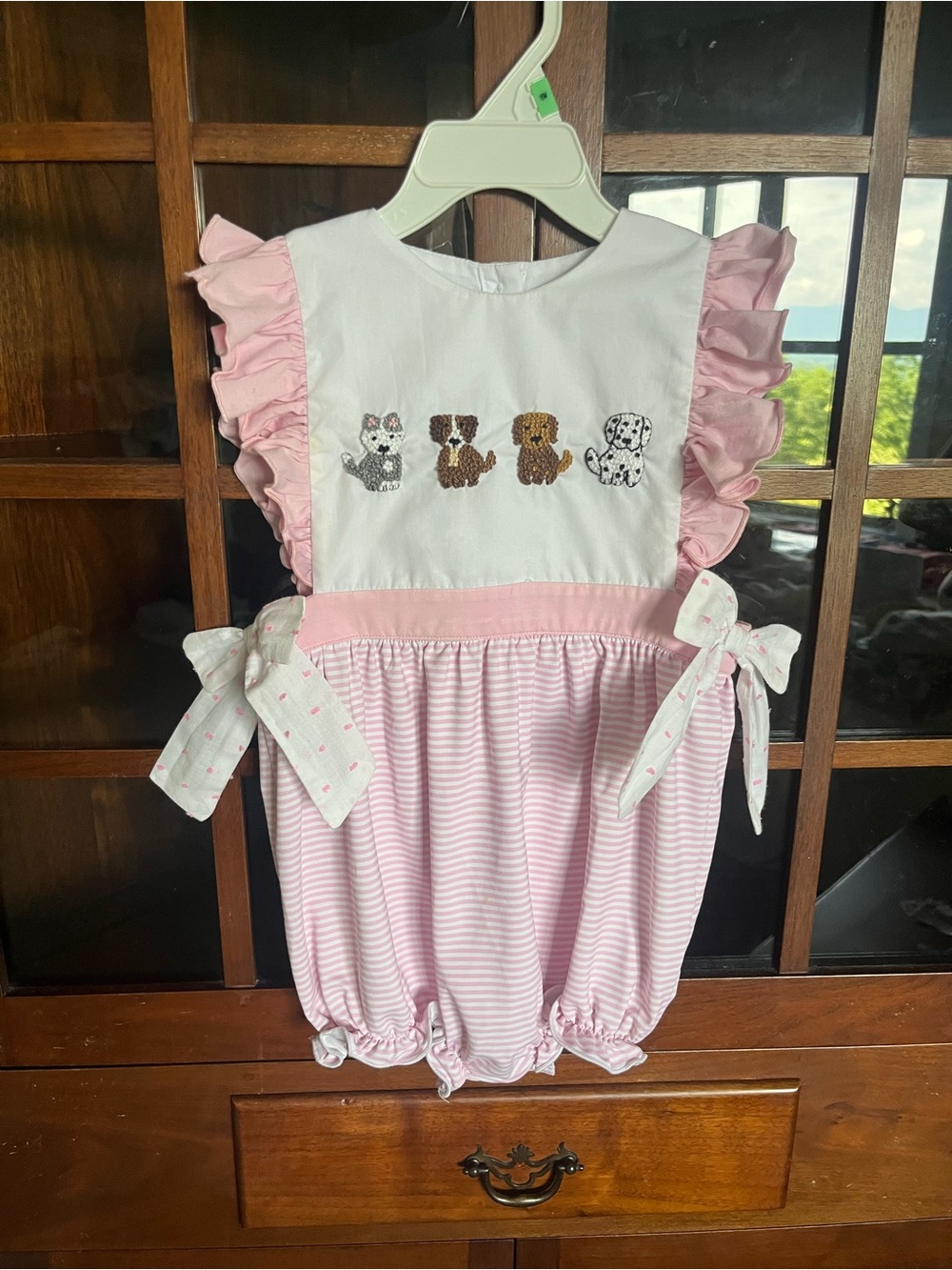 Pink Striped Girls' Embroidered Puppy One-Piece Romper